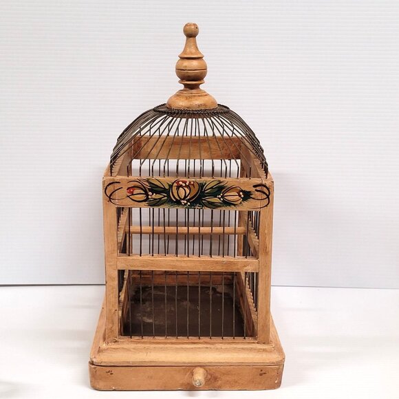 Wood Bird Cage Folk Victorian Tole Painted Flowers Wood Metal Tray Bottom - Picture 2 of 14